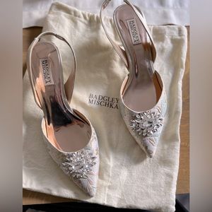 Badgley Mischka Slingback Kitten Brocade Crystal Embellished BHLDN Size 10